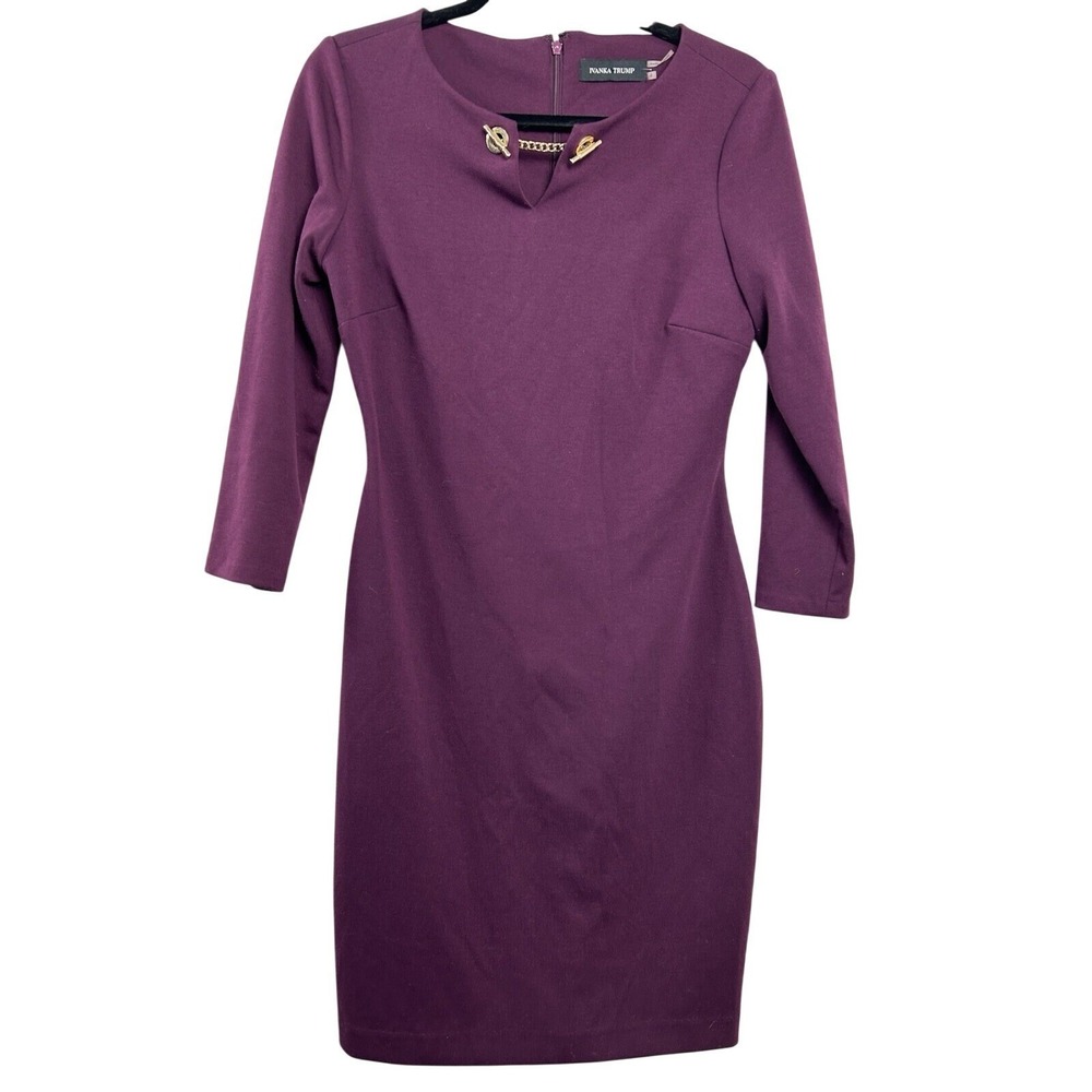 Ivanka Trump Womens Plum Purple Toggle Chain Sheath Dress Size 4 3/4 Sleeve